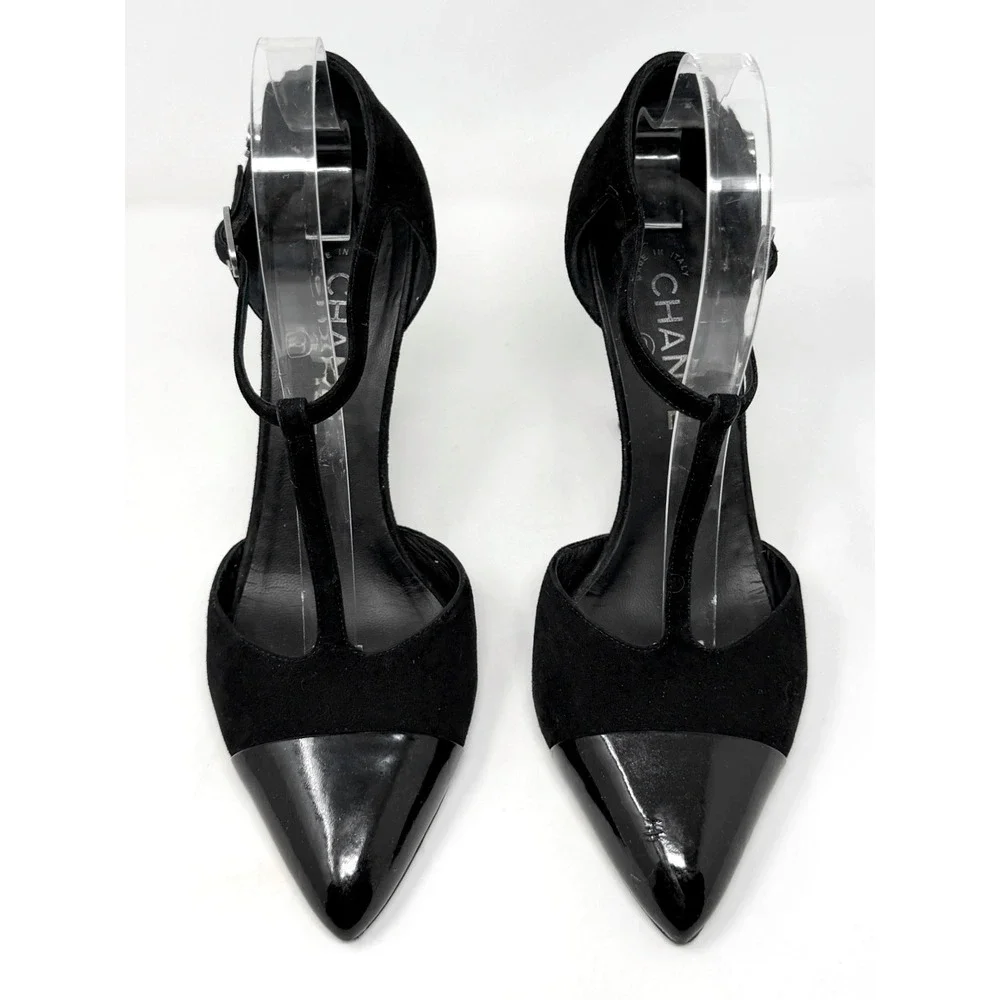 Chanel Black Suede Patent Cap Toe T-Strap Pumps CC Logo Heels 40